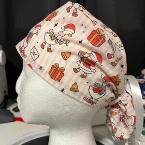 Goose Being Silly Pink Stripes Christmas Winter Print Euro Ponytail Scrub Cap